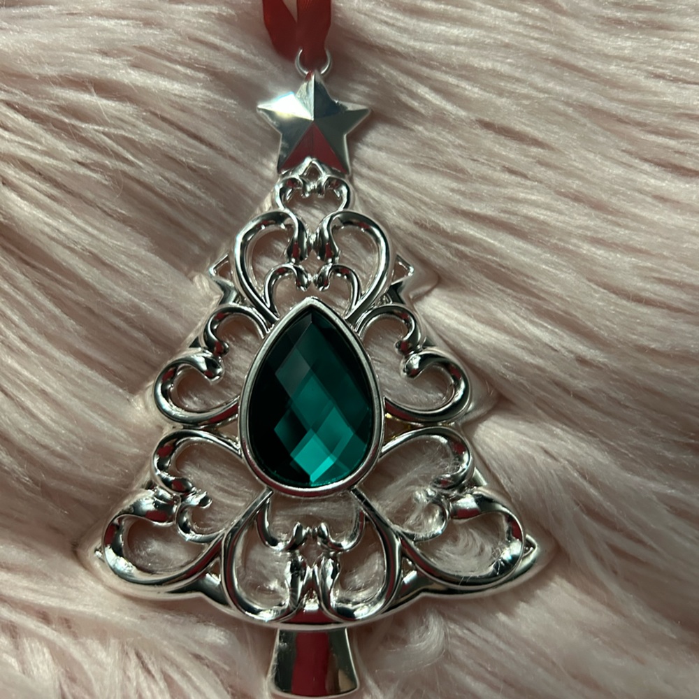LENOX Crystal Green Silver Christmas Tree Star Red Ribbon Stocking Stuffer